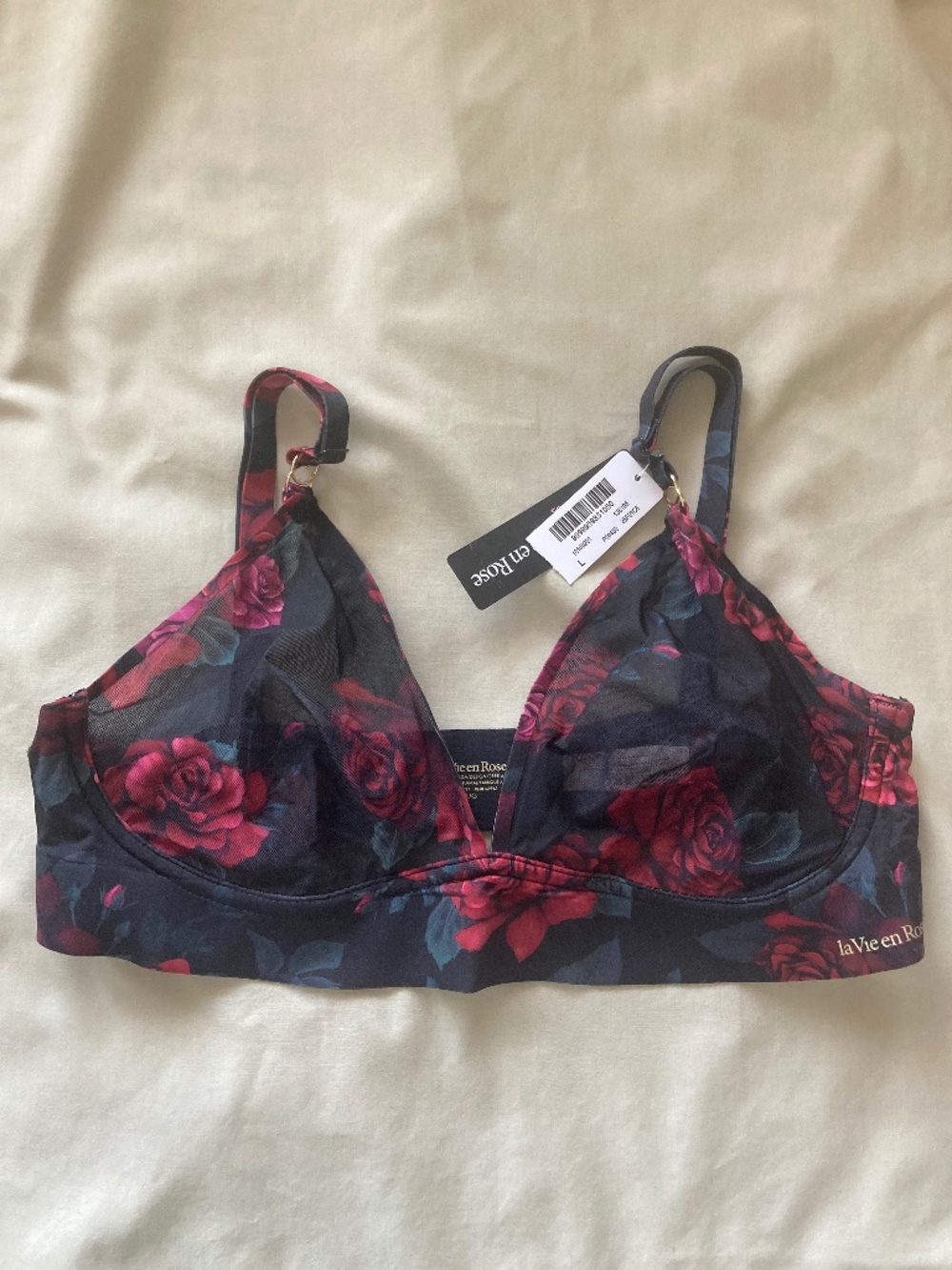 La Vie En Rose Red Floral Mesh Bralette; NWT, Size Large